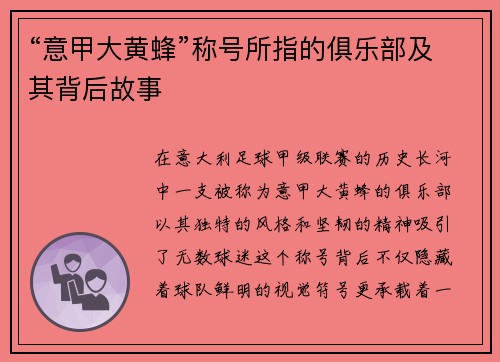 “意甲大黄蜂”称号所指的俱乐部及其背后故事