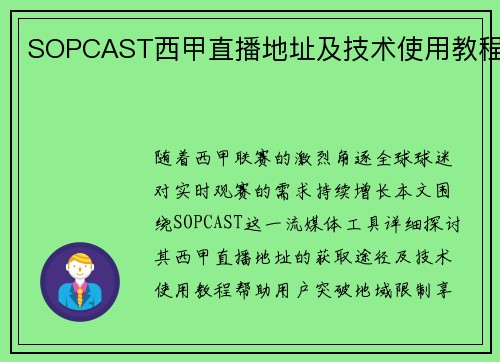 SOPCAST西甲直播地址及技术使用教程