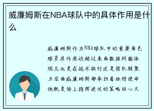 威廉姆斯在NBA球队中的具体作用是什么